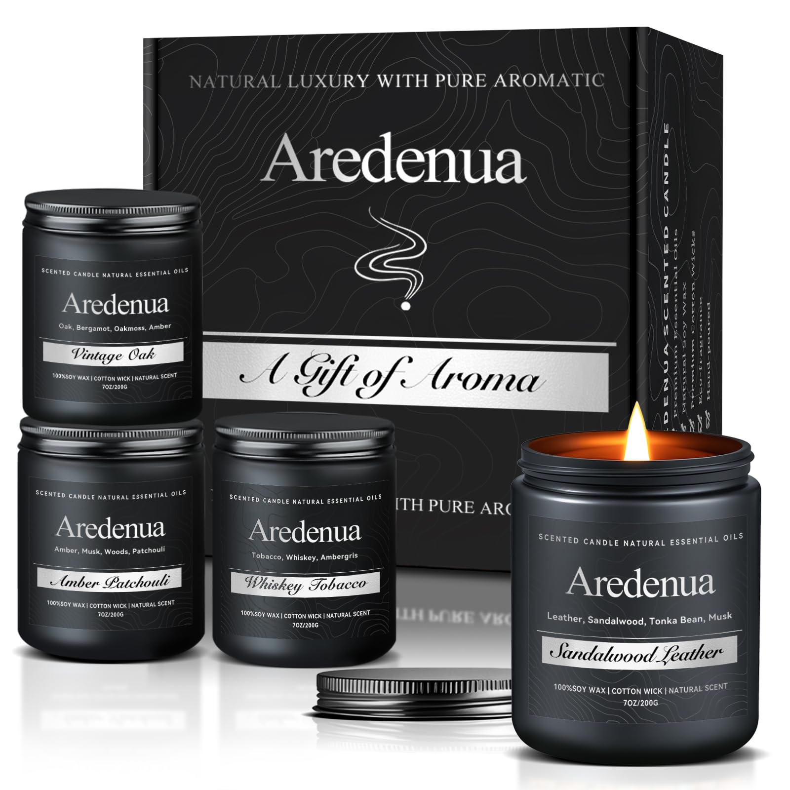Candles for Men - Masculine Scents, Strong Scented Soy Candle with 12% Fragrance Oil, 7oz 50 Hour Burn Time, Handmade Candle in Gift Box (Sandalwood/Tobacco/Amber Patchouli/Oak)