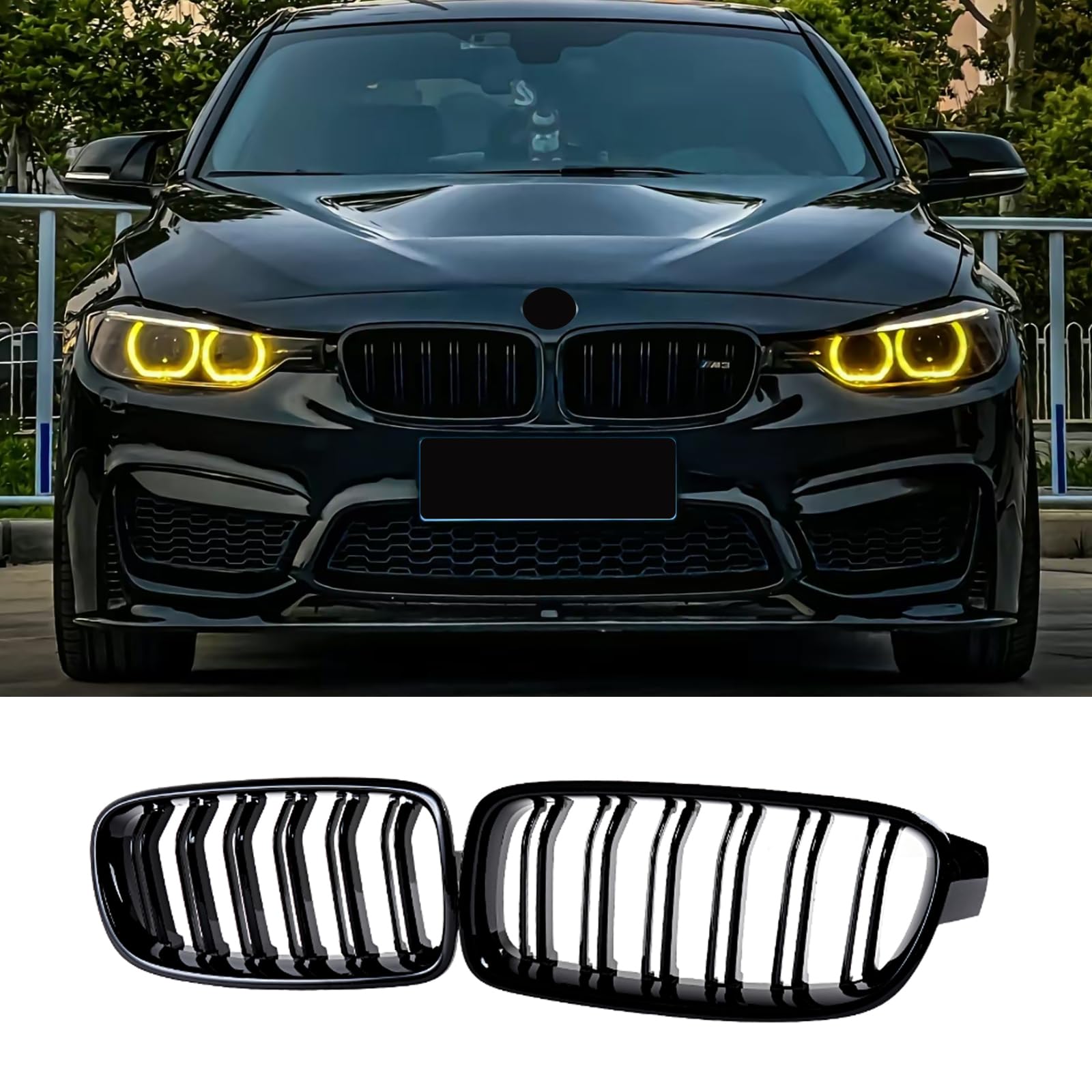 F30 Griglie Anteriori Nere Lucide, Doppio Rene Frontale per BMW Serie 3 F30 F31 F35 2012-2018 (For 3er F30 2012-2018)