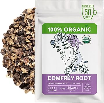 Zhivana Organics Organic Comfrey Root 4 oz. for Skin, Bone, Muscles, Ligament Healing - Comfrey Herb Symphytum Officinale- onsuelda, Comfry, Comphrey, Confrey - Make Salves, Creams, Paultices