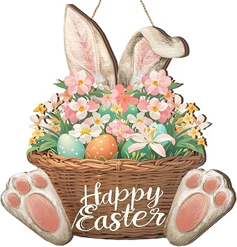 Easter Wreaths for Front Door Bunny Welcome Wood Sign Door Hanger Spring Decorations Easter Wall Hanging Plaque Eggs Sign Decorations for Home Shop Garden Bunny Ear