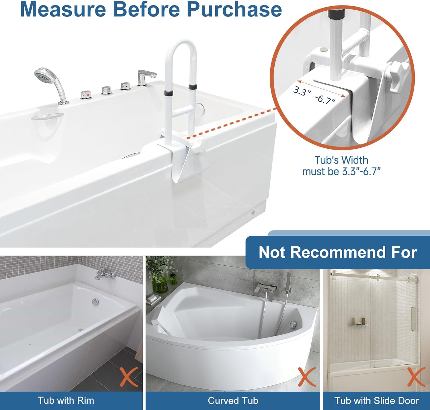Adjustable Bathtub Safety Rail for Elderly, Tub Grab Bar for Bathroom, Assistance Bathtub Handle Clamp for Seniors Bath Handles Support and Fall Prevention, White
