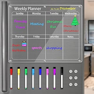 Acrylic Weekly Magnetic Calendar for Refrigerator,Dry Erase Planning Board,Magnetic Weekly Planner for Fridge,Clear Fridge Calendar Includes 8 Color Markers