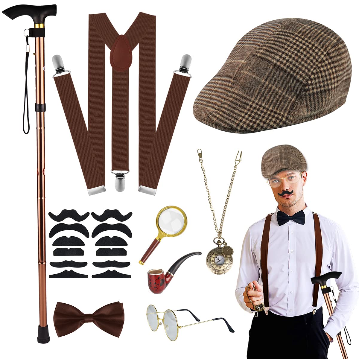 WILDPARTY 1920s Gatsby Costume For Men, Foldable Metal Crutches, Fedora Hat，Pocket Watch, Metal Glasses, Y-Back Suspenders, Mafia Gatsby Gangster Detective Costume Halloween Party