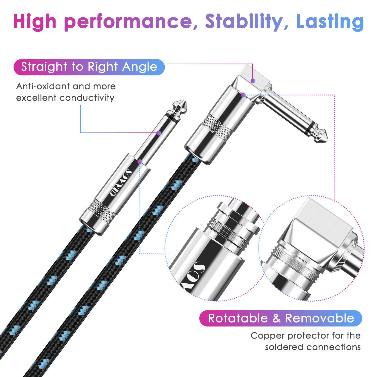 20FT 2 Pack Instrument Cable - Electric & Bass Guitar, Keyboard, AMP Cord - 1/4 Inch Right Angle Black & Blue