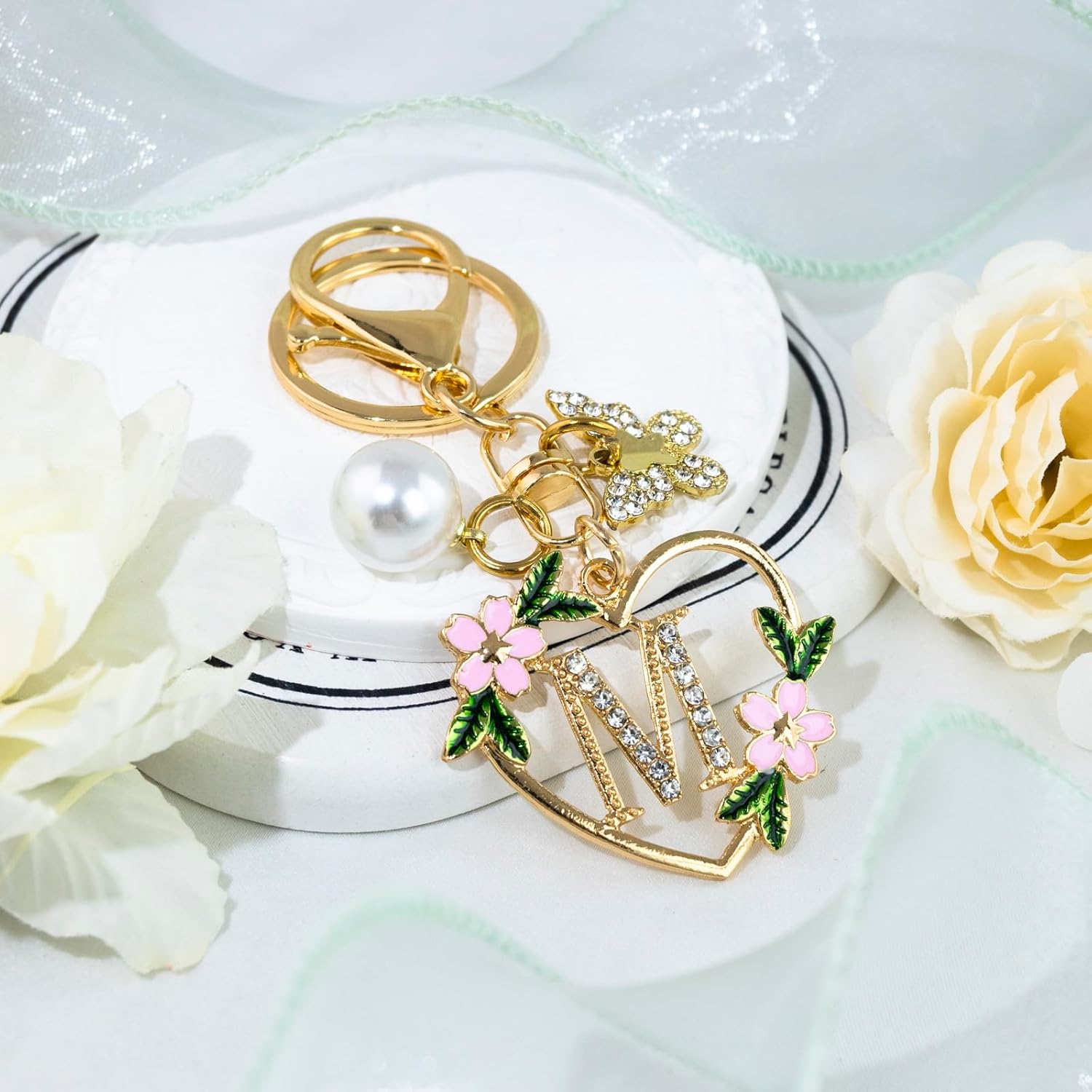Initial Letter Keychain for Women with Butterfly Pendant Cubic Zirconia Heart Keyring Flower Charm for Wallet - Image 2