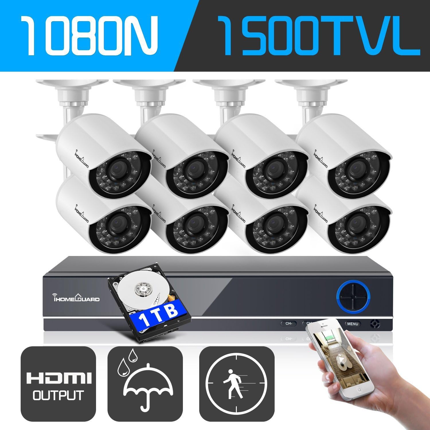 IHMEGUARD 8 Channel HD 1080N Video Security DVR Surveillance Camera Kit, 8x 720P Indoor Outdoor IR Weatherproof Cameras, 65 feet 20m Night Vision with IR Cut with 1TB Hard Drive