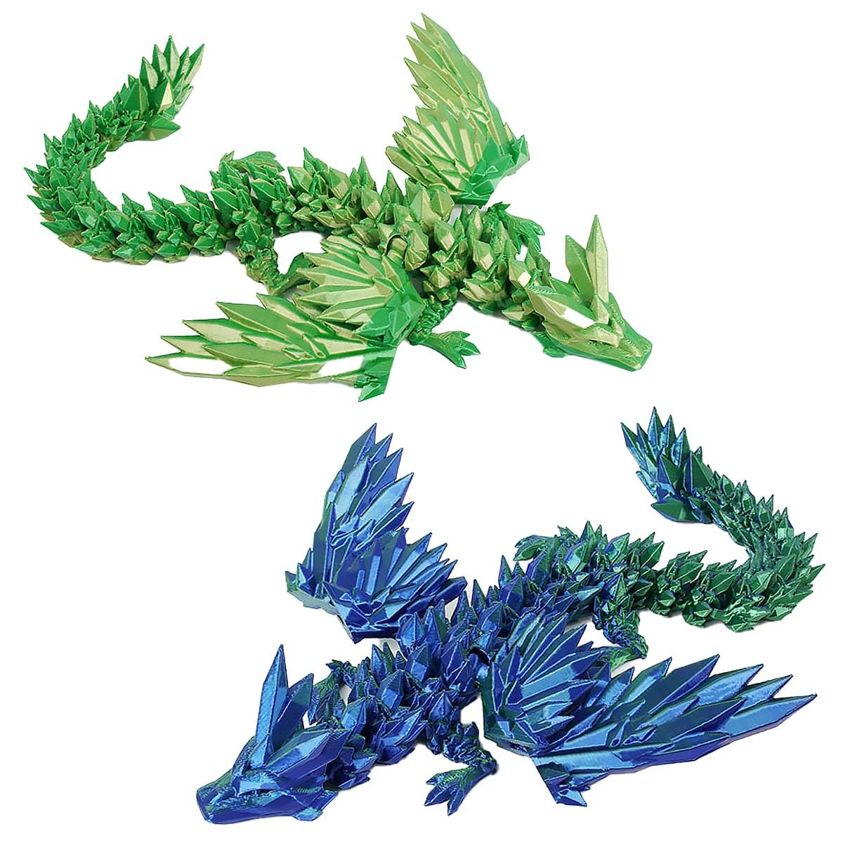 2PCS 9" 3D Printed Dragon, Articulated Flying Dragon Fidget Toy, Flexible Pearly Sheen Crystal Wing Dragon Home Office Decor Desk Toy (Wing Yellow Green - Blue Green)
