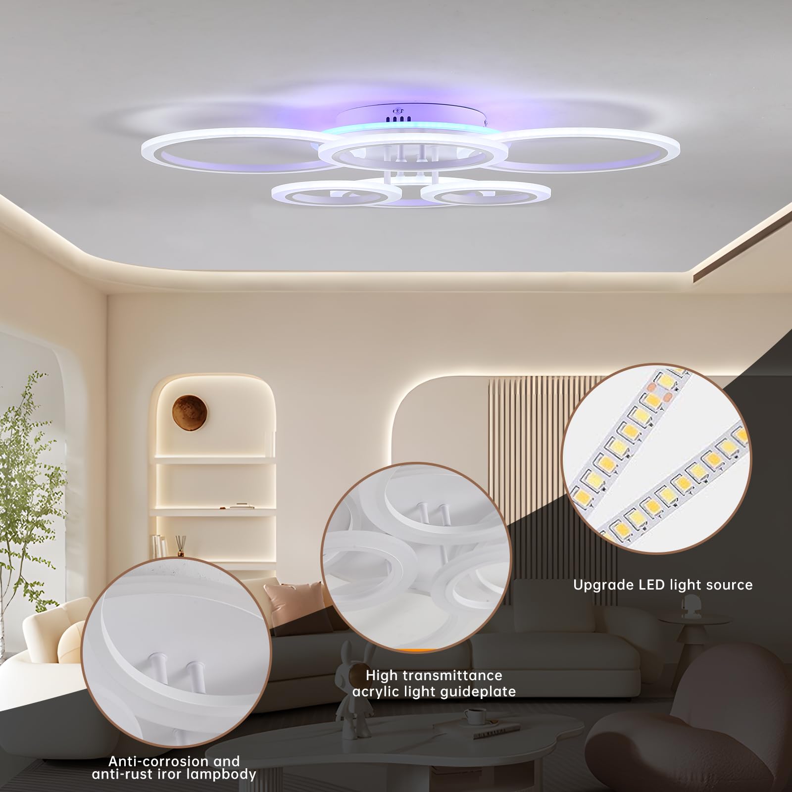 Plafoniera LED Soffitto 70W 6 Anelli Moderna Dimmerabile Lampadario | Lampadario LED con telecomando 4200lm, luce regolabile 3000-6000K, plafoniera moderna per soggiorno cucina sala da pranzo