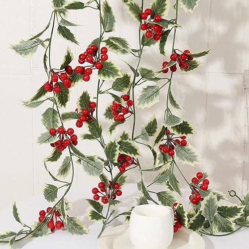 Miniatura 10 de 4 piezas Vid de Flor de Pascua Artificial de Navidad con Bayas Rojas Vid Suave de Navidad Decoración de Ambiente Festivo (Rojo-3) Rojo-3,Rojo
