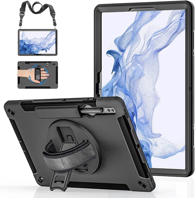 Samsung Galaxy Tab S8+ Case: Gralifcare Heavy Duty Shockproof Military Grade Case for Galaxy Tab 12.4 inch 2022 with S Pen Holder - 360° Rotating Stand - Hand/Shoulder Strap - Black