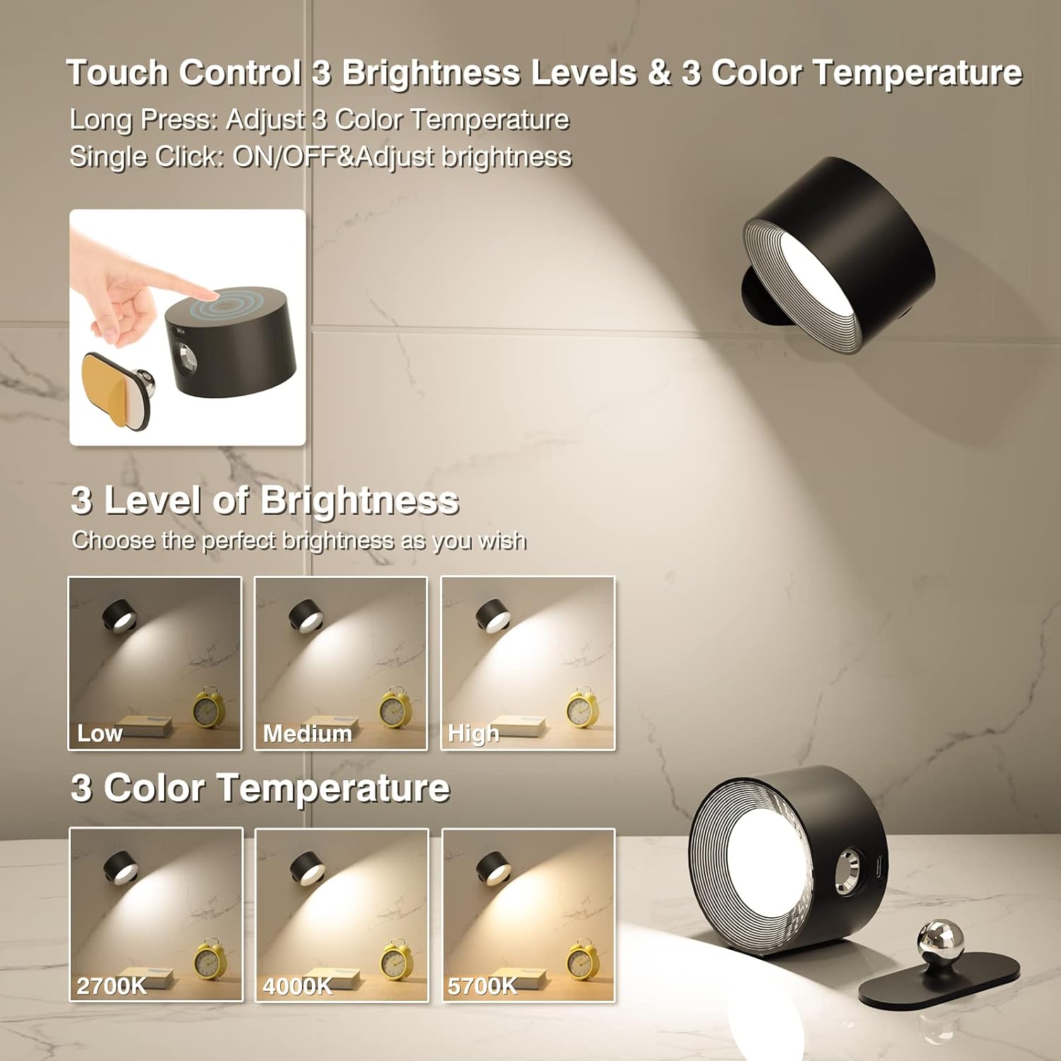 Remote LED Wall Sconce - Rechargeable Cordless Wall Light, 3 Colors & 3 Brightness Levels, 360째 Magnetic Rotating Head, Bedside Reading Lamp, Easy Install Battery Operated Lamp Wood Pack of 2