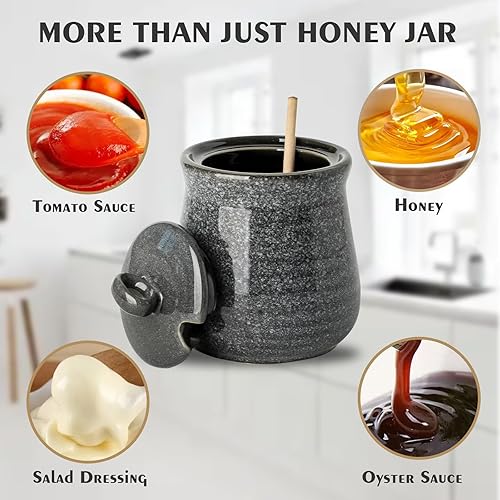 Vista 10 de Hasense Maceta de cerámica para miel con tapa, tarro de miel de 12 onzas con vaso de madera, juego de palitos y frascos de miel, lindo recipiente