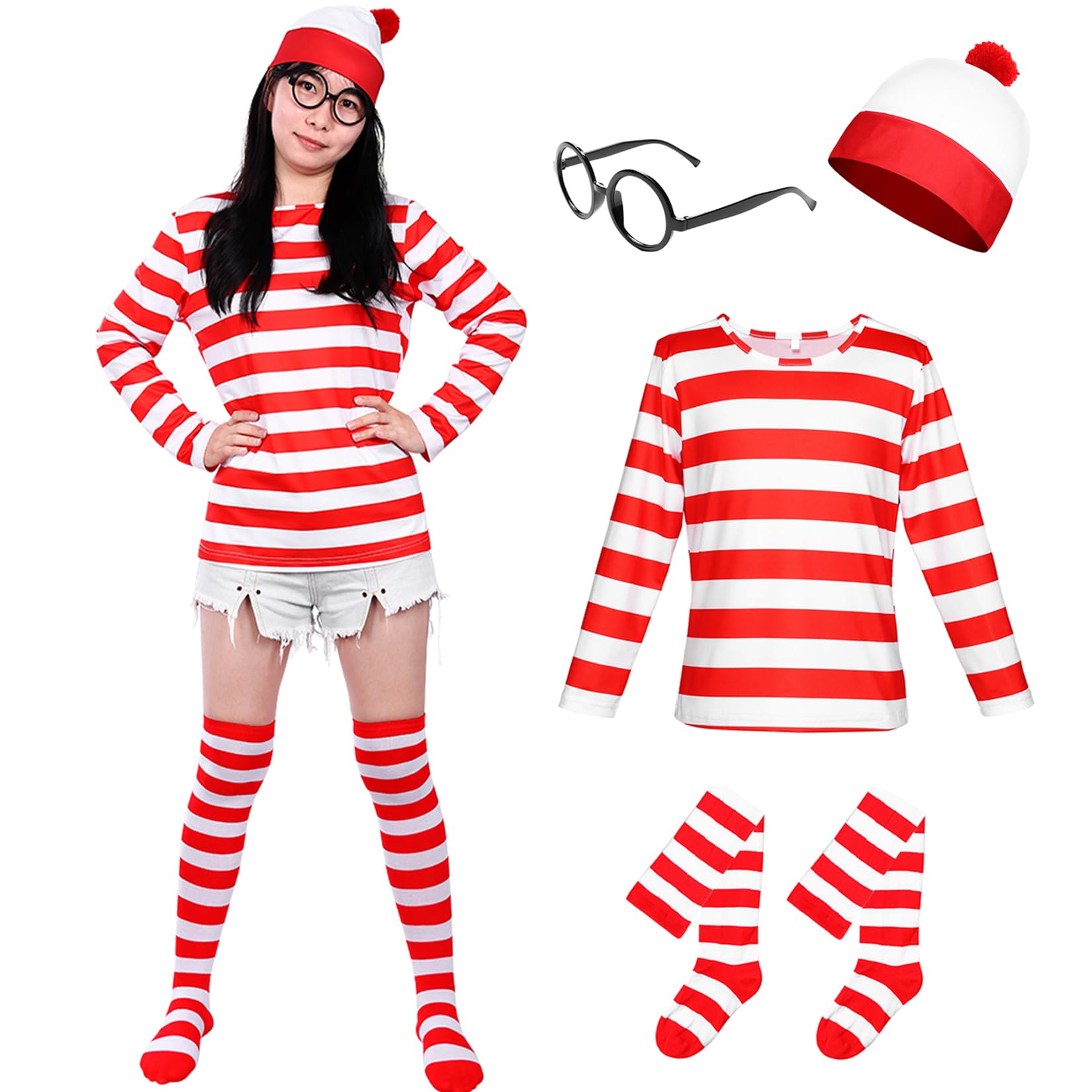 Alaiyaky Red and White Striped T-Shirt Set for Adult Kids, 90s Fancy Dress Striped Top with Beanie Hat Glasses Striped Socks, Halloween Costumes Book Day Outfit for Boys Girls Men Women (Women, L)