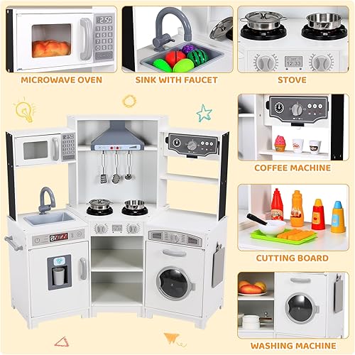 Miniatura 6 de MAMIZO Cocina de juego de esquina para niños, cocina de juguete de simulación de madera, juego de cocina grande con lavadora, campana extractora con