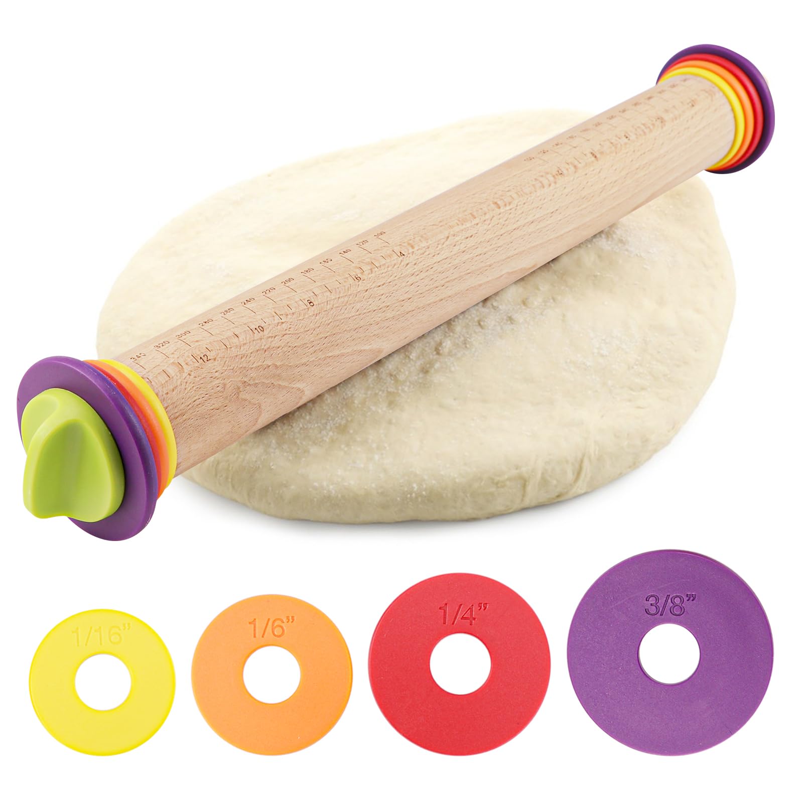 Nudelholz aus Holz, 43,2 cm, Nudelholz mit 4 verstellbaren Ringen, abgestufter Nudelholz zum Backen, Fondant, Pizza, Kruste, Kekse, Gebäck