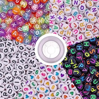 1000 Pcs Letter Beads Acrylic Round Beads Alphabet Beads Number Beads Large Hole Beads with Elastic String for Jewelry Making