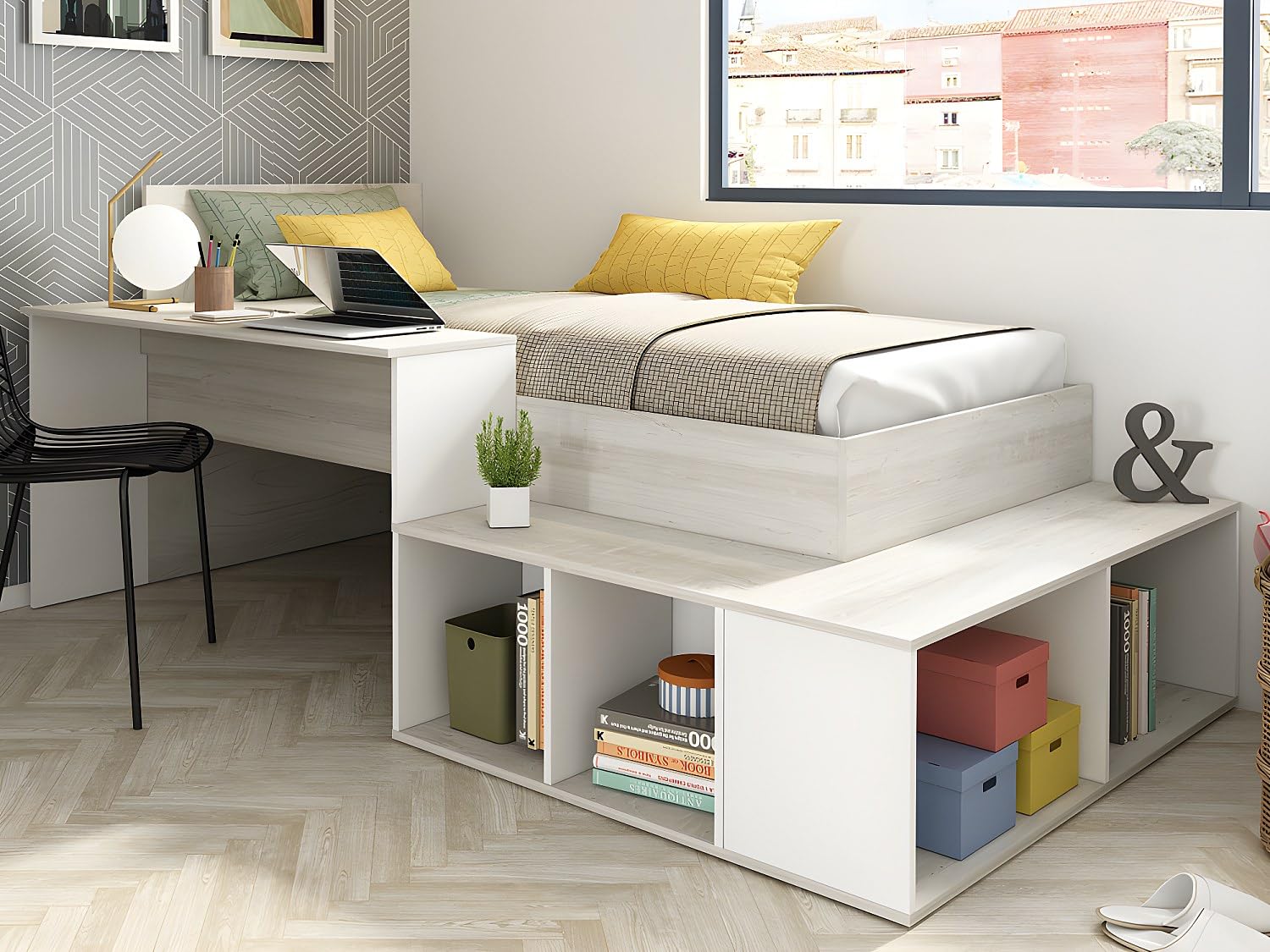 Letto combinato 90 x 200 cm con scrivania e vani portaoggetti Bianco e Naturale + Rete - PALOMA | Leroy Merlin