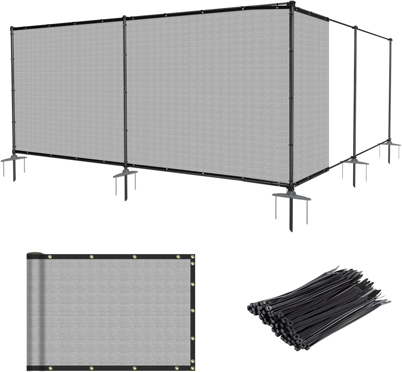 5' x 24' Outdoor Privacy Fence with Iron Poles Ground Spikes Dog Metal Garden Privacy Fence Backyard Patio Yard Barrier Boarder Divider (Light Gray)