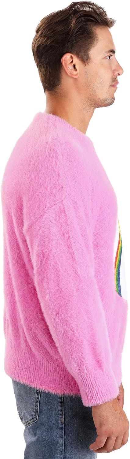 Care Bears Cheer Bear Sweater for Adults - Pink Fuzzy Pullover with Rainbow Belly Badge - Officially Licensed