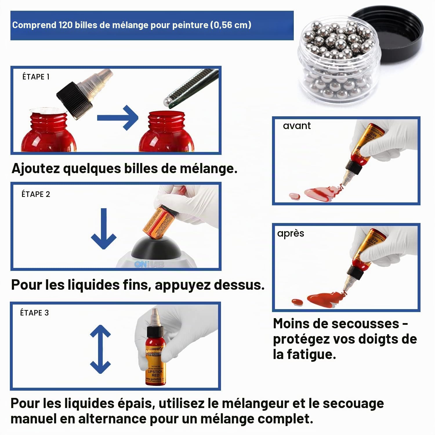 ONiLAB Mini Vortex Mixer avec fonction tactile, mélange en laboratoire, mélange de vernis à ongles, de colles pour cils et de peintures acryliques，120pcs 7/32in Balls Mixing,Bleu