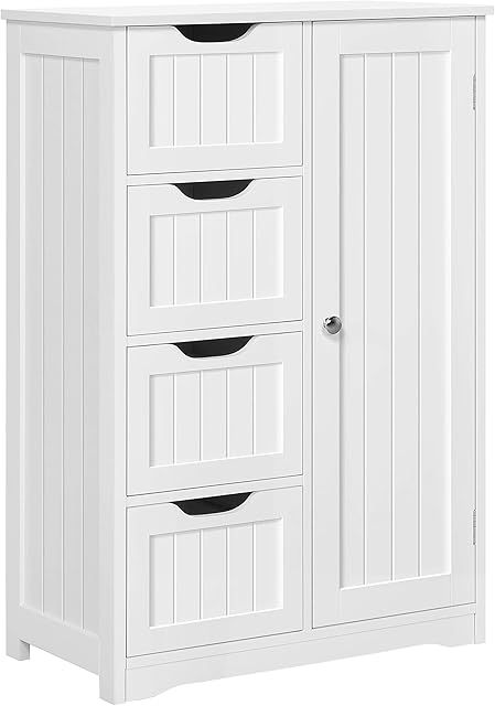 Yaheetech Bathroom Floor Cabinet Cupboard Free Standing Wooden Cabinet Storage Unit with 4 Drawers & 1 Door, Adjustable Shelf, White