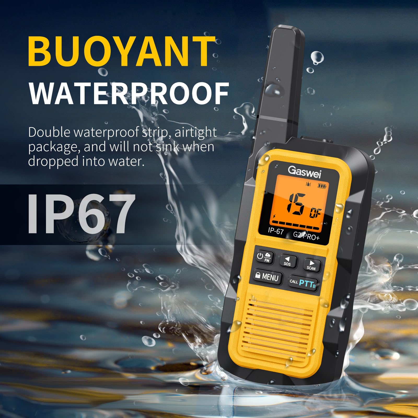 IP67 Waterproof & Floats with Dual PTT | G2Pro Professional Long Range Walkie Talkies for Adults 2 Pack | SOS Alarm, FM Radio, Rechargeable for Outdoor, Camping & Work (Yellow) — view 3