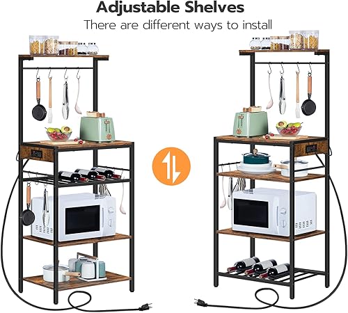 Miniatura 5 de HOOBRO Estante para hornear de cocina con toma de corriente, barra de café de 5 niveles con estante ajustable para vino, soporte para microondas con