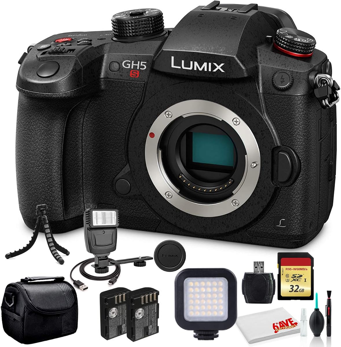 Panasonic Lumix DC-GH5S Cámara digital sin espejo (DC-GH5S) – Paquete – con tarjeta SD resistente Sony de 32 GB + luz de vídeo LED + flash digital + batería DMW-BLF19 + bolsa suave + trípode flexible de 12 pulgadas + más | Para fotografía y vídeo | Incluye tarjeta SD TOUGH de 32 GB + luz LED + batería DMW-BLF19 + bolsa para cámara + trípode + más