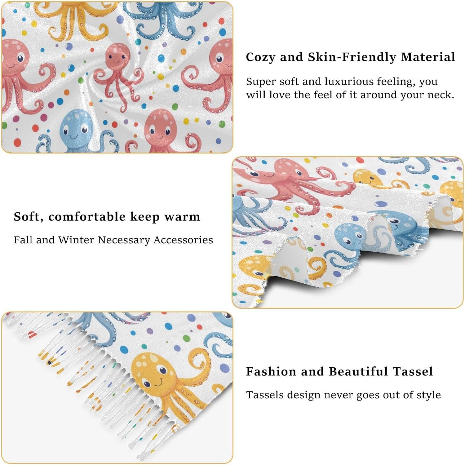 Winter Scarf for Women Cartoon Octopus Polka Dots Fashion Tassel Shawl Wraps for Women, Cold Weather Warm Womens Scarves Soft Long Scarf Gifts