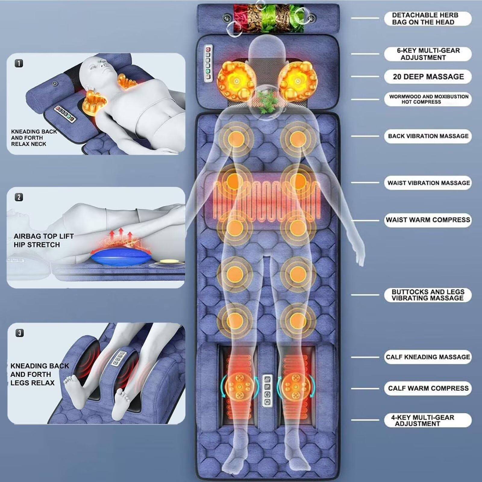 Alfombrilla De Masaje De Cuerpo Completo, Colchoneta De Masaje Vibratorio | Colchón de masaje corporal multifuncional y ajustable para espalda, cuello, piernas y pies; ideal para el hogar o la oficina.