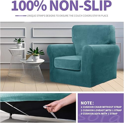 Miniatura 5 de ZNSAYOTX - Funda de terciopelo de lujo de 3 piezas psofá con 2 cojines, suave, antideslizante, psofá biplaza, protector de muebles apto pmascotas,