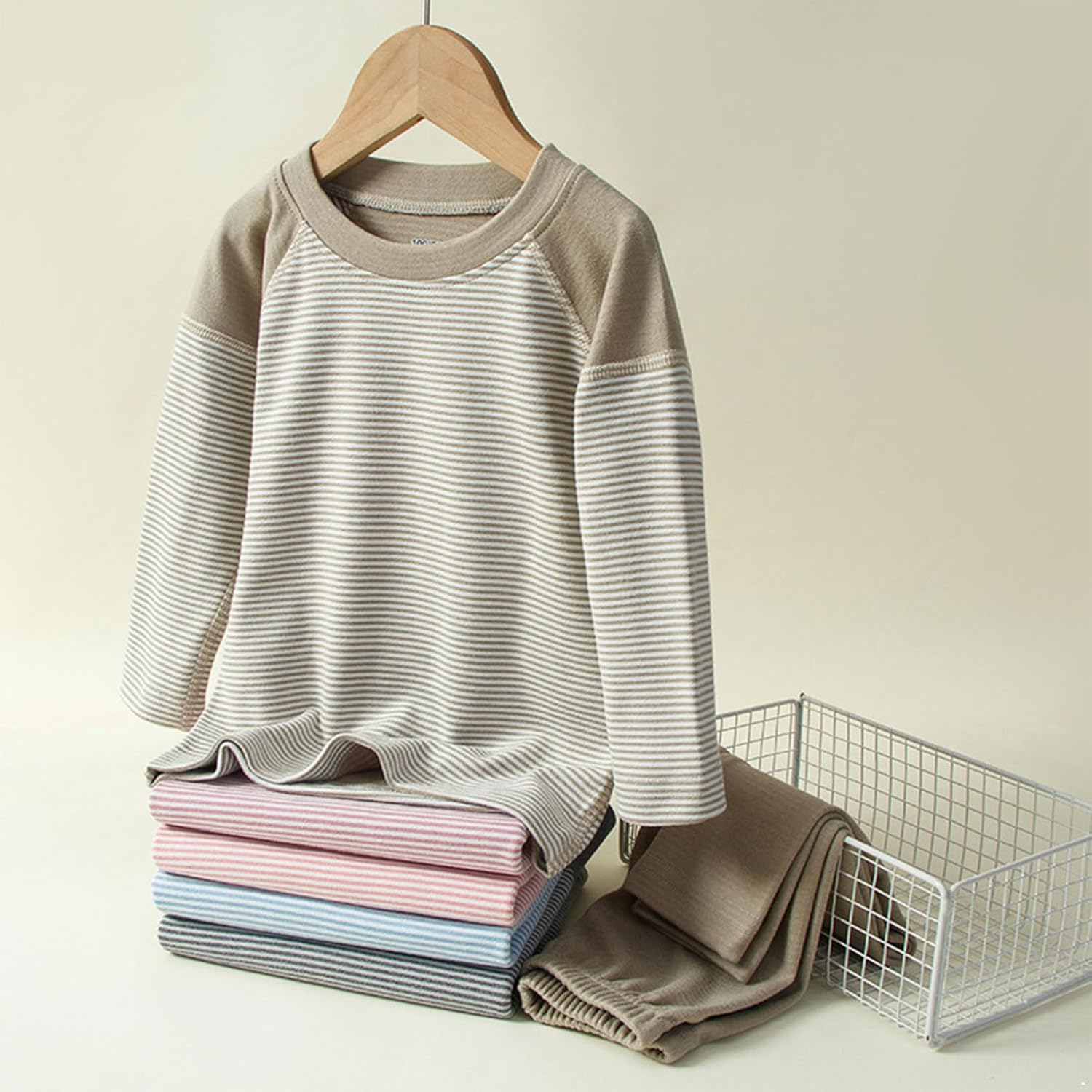 Freebily Kids Girls Boys Thermal Underwear Set Winter Warm Long Johns Striped Long Sleeve Baselayer Tops with Bottoms