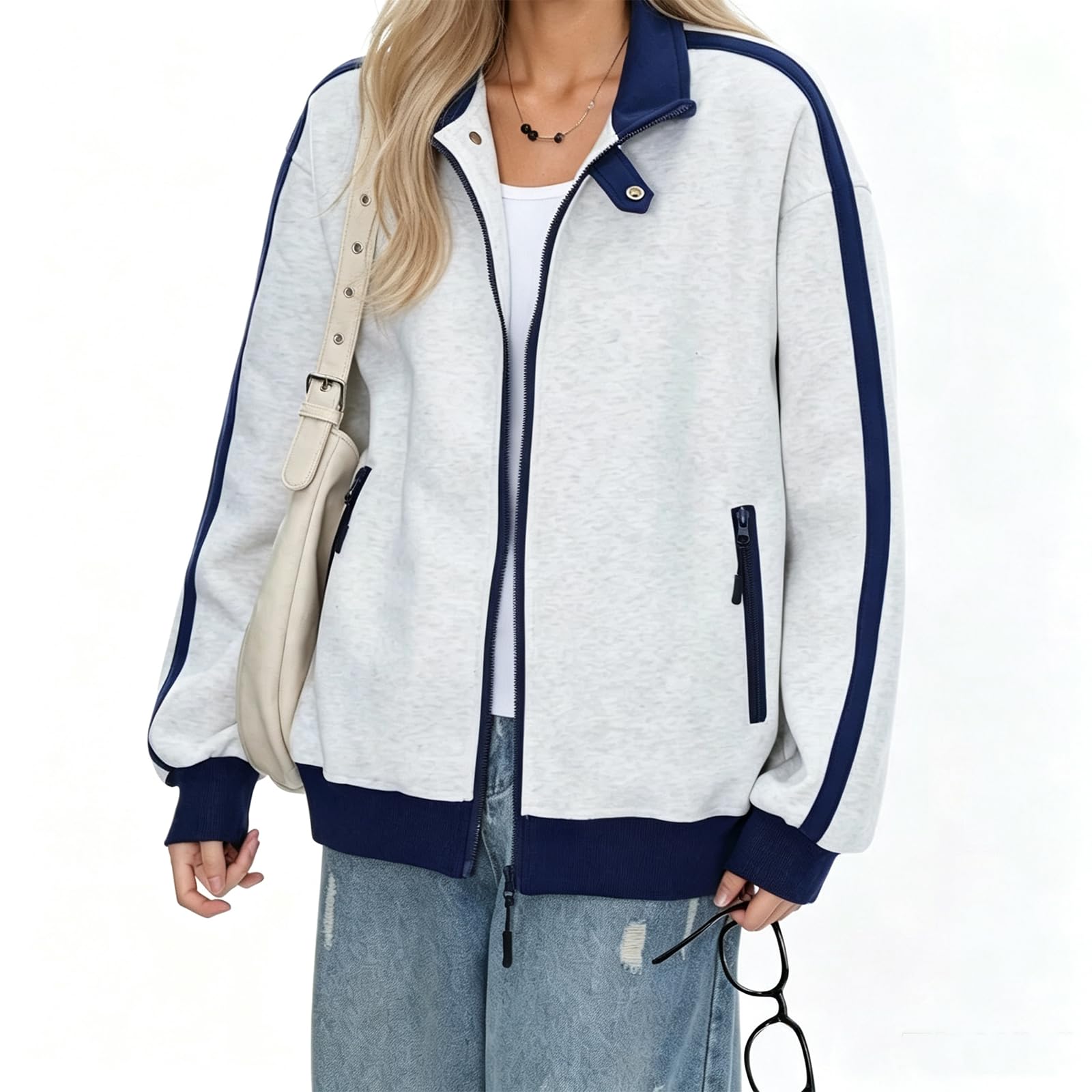 FUPODD Sweatjacke Damen Ohne Kapuze Sweatshirt Jacke Oversized Sportjacke