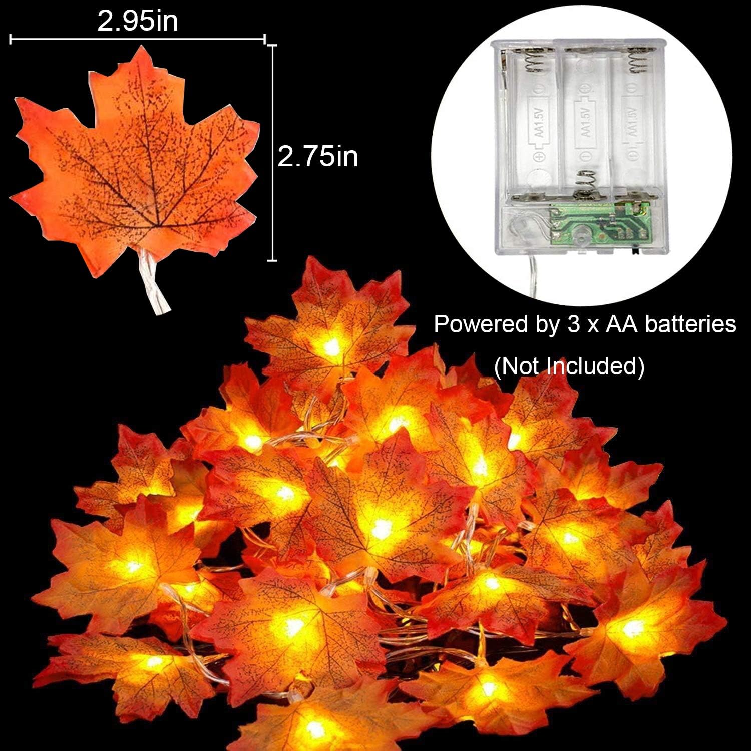 Toodour Fall Decorations, 20ft 40 LED Fall Maple Leaves String Lights, Battery Operated Fall Lights Orange Halloween Lights for Autumn Garland, Home, Indoor, Outdoor, Thanksgiving Decor