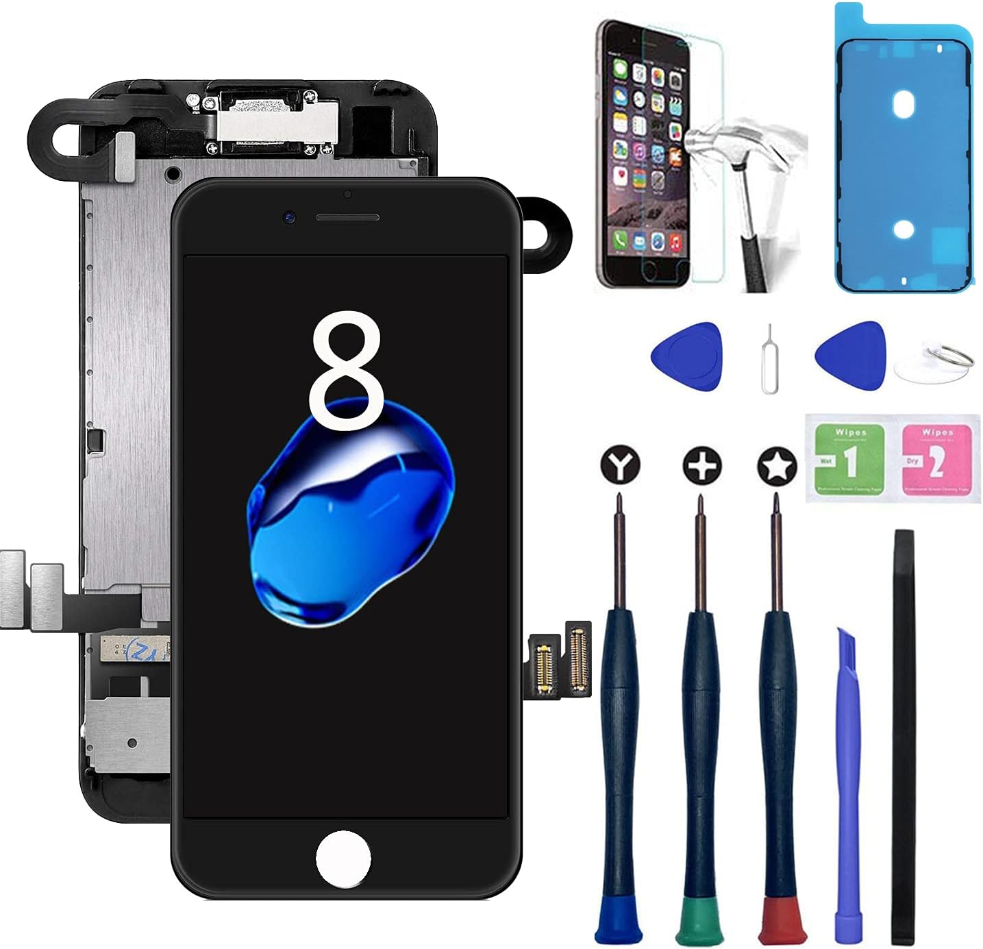 Xlhama LCD Touch Screen for iPhone 8 Black 4.7 "Assembled with Proximity Sensor, Earpiece, Front Camera and Repair Kit Full Assembly Repair Not Include Home Button