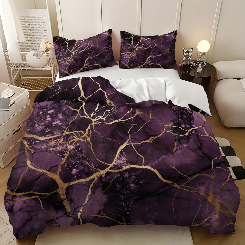 Housse de couette 260x240 marbre géométrique 3 pièces violette en microfibre pour lit 2 personnes