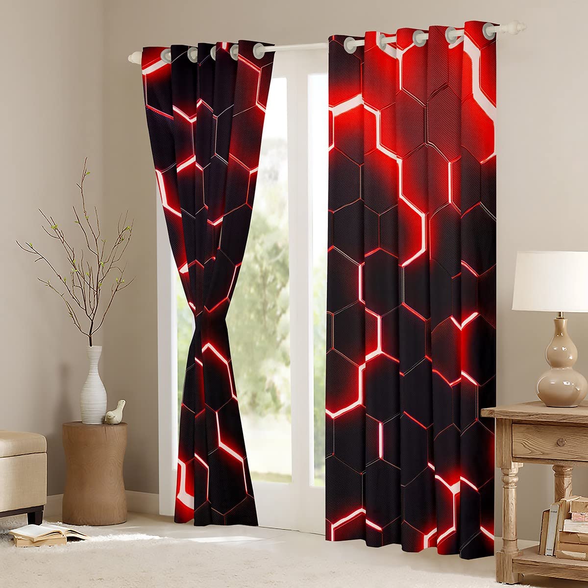 Homewish Honeycomb Kids 30%-50% Blackout Curtains for Living Room Geometric Boys Curtains for Bedroom Glitter Hexagon Window Curtain for Teen Men Red Black Curtains & Drapes 46" Wx72 L - Image 3