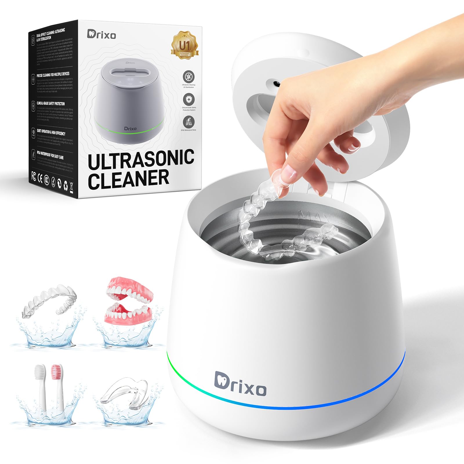 Drixo Limpiador Ultrasonidos Dental y Férula, 45kHz 24W Ultrasonic Cleaner, Máquina 200ML para Alineadores Invisibles, Retenedores, Dentaduras y Brackets, IPX6 Impermeable, 9 Modos, Marfil
