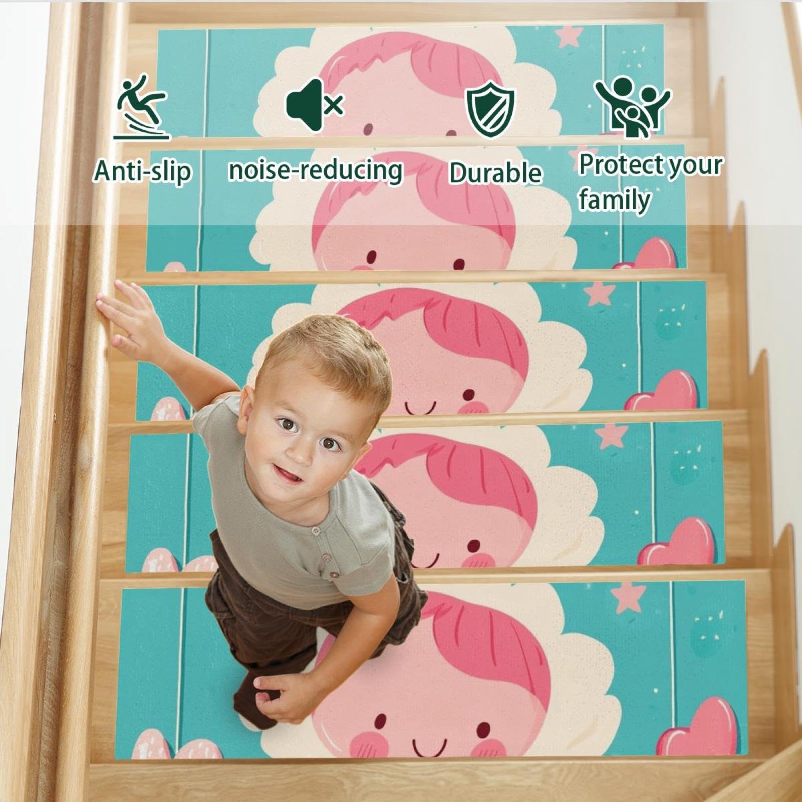 Lot de 15 tapis d'escalier autocollants sans résidus, lavables en machine, réutilisables et antidérapants Hello Baby (1) - 76,2 x 20,3 cm