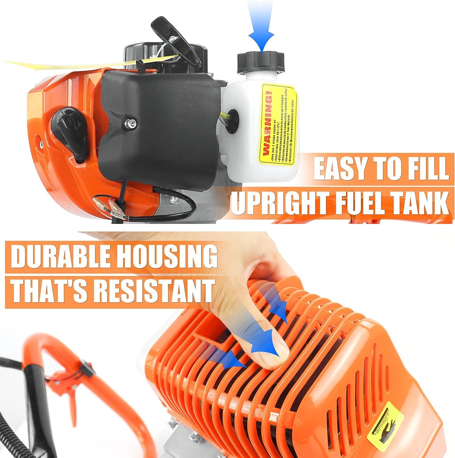 Close-up of the upright fuel tank with an arrow indicating easy filling.