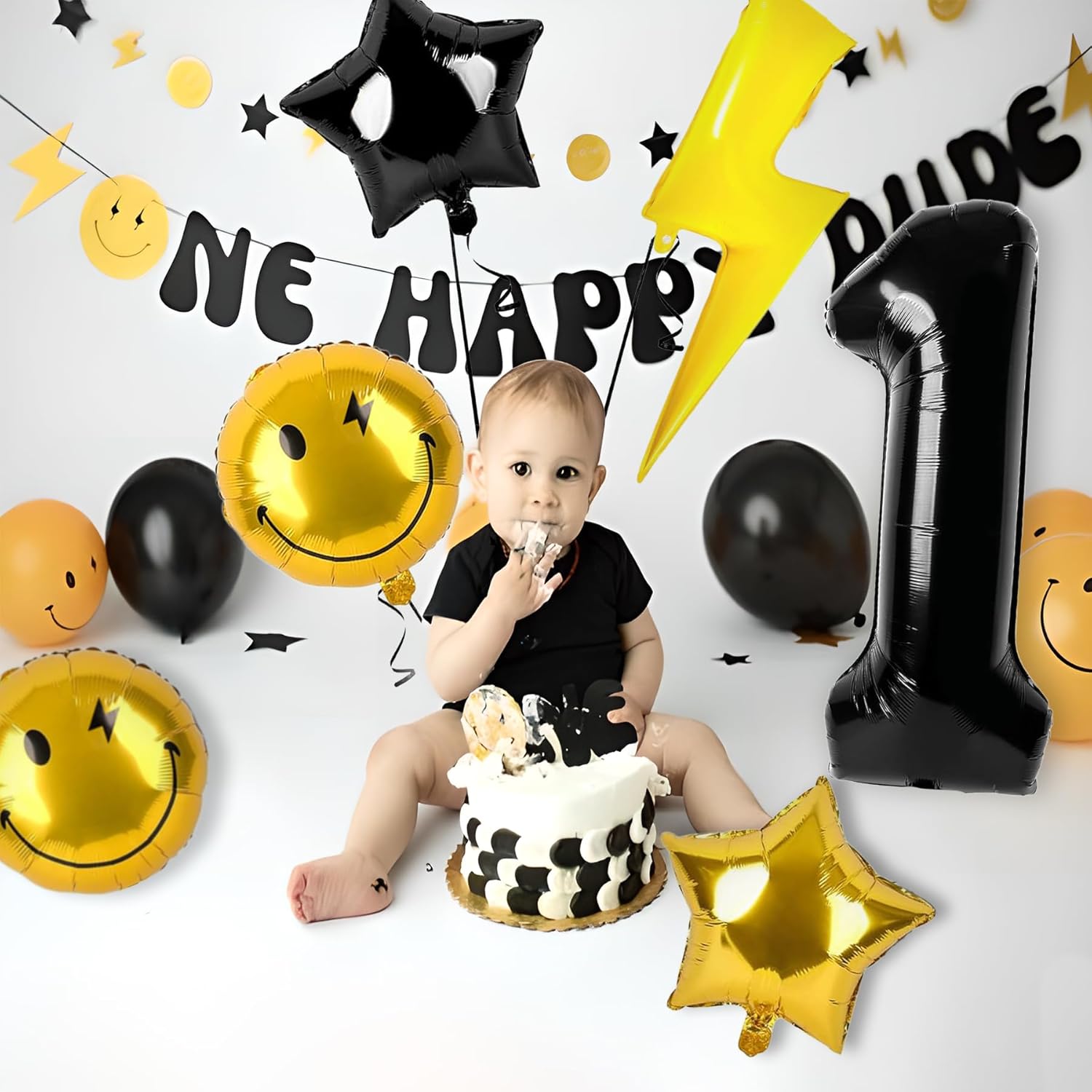 NANAGALI One Happy Dude High Chair Banner & 40" Black One Lightning Bolt Eyes Balloon for One Happy Dude Birthday Decor - One Cool Dude Hippie Groovy High Chair Garland Decorations