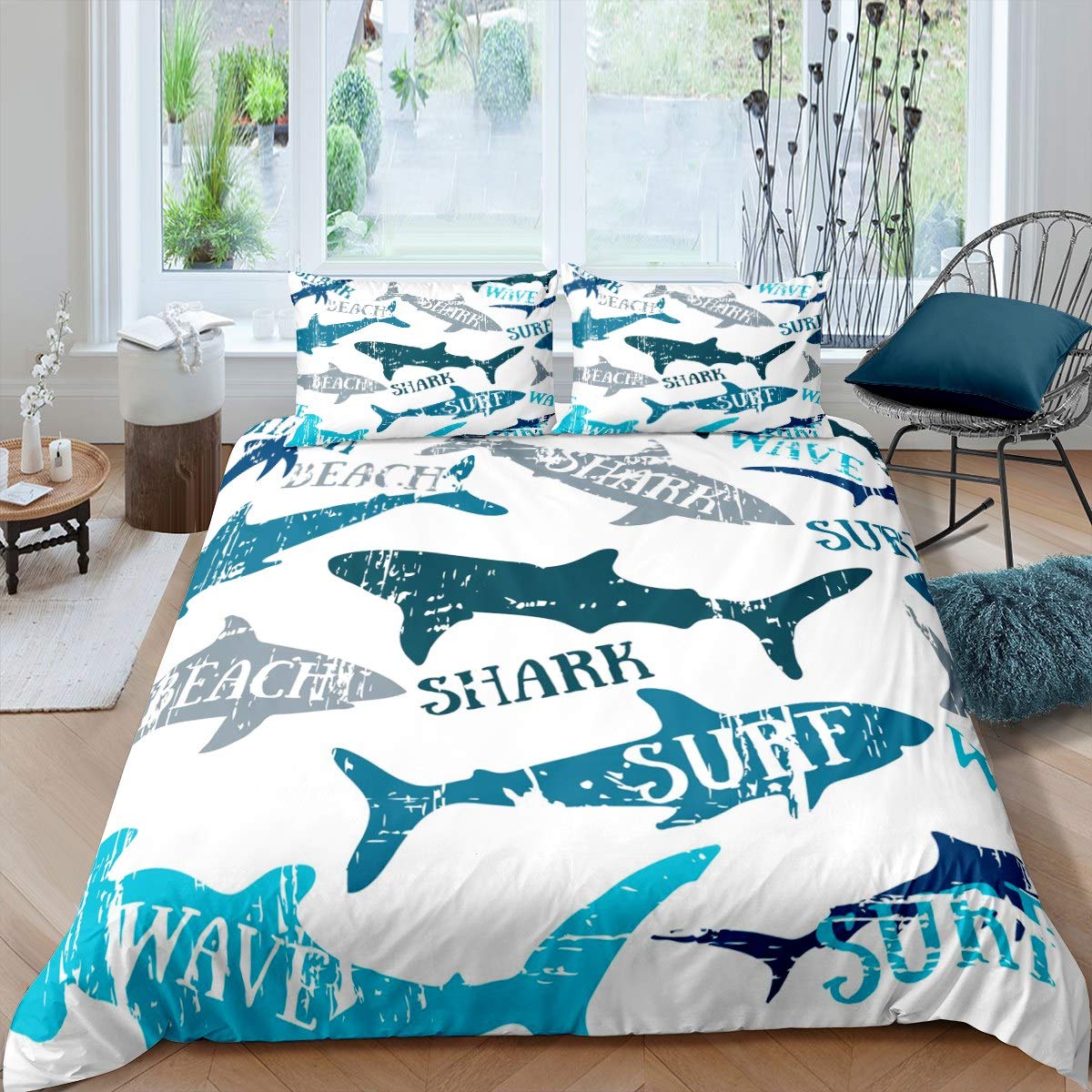 Loussiesd Kids Comforter Cover Set Boys Girls Cartoon Shark Print Duvet Cover Ocean Marine Life Bedding Set Sea Animal Pattern Quilt Cover,Room Decor 3Pcs Bedding Double Size