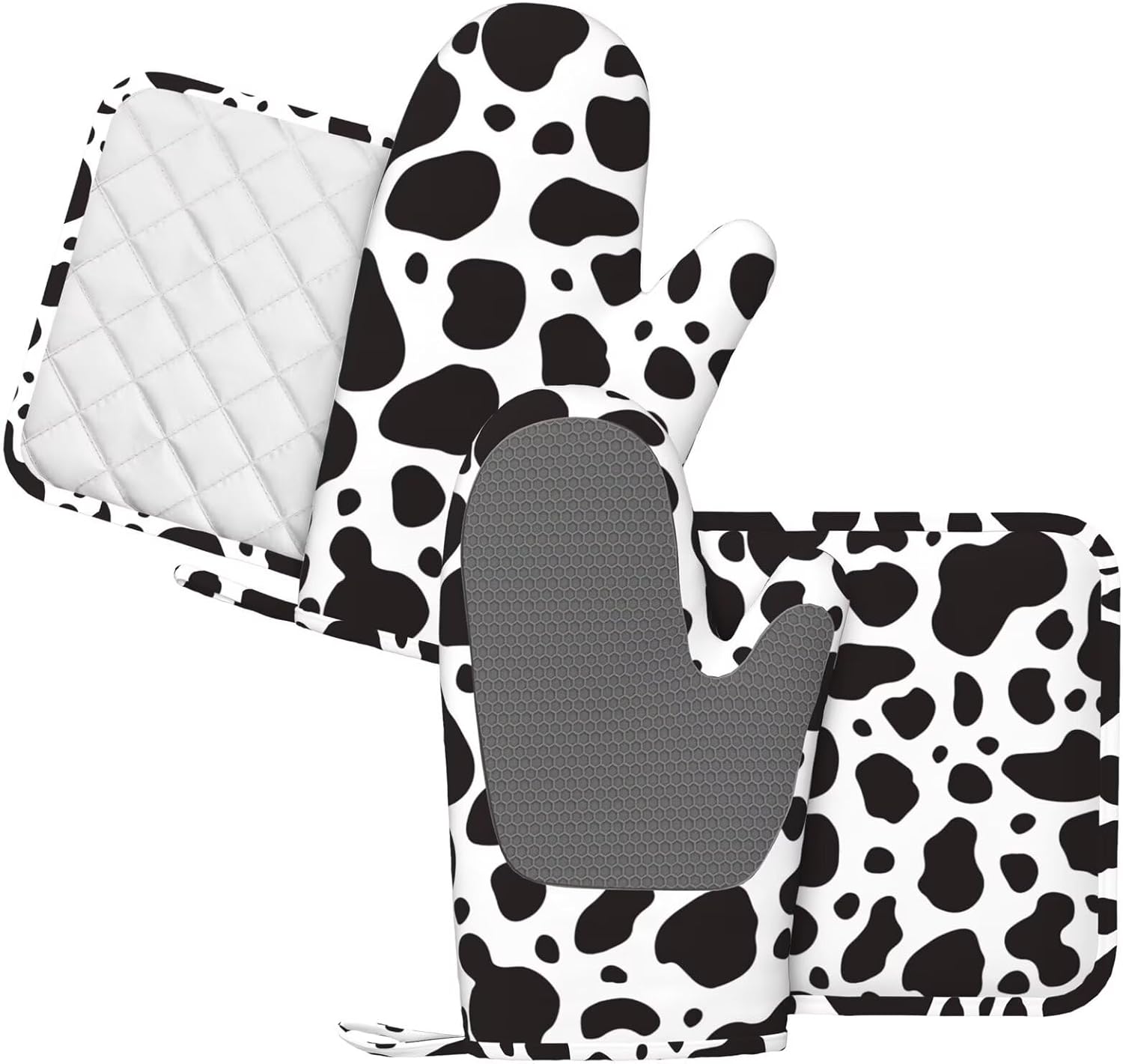 Black White Cow Print Oven Mitts and Pot Holders Sets for Kitchen Silicone Farmhouse Cowhide Skin Pattern Oven Gloves Heat Resistant Oven Mitts with 2 Non-Slip Pads Kitchen Gloves for BBQ - Image 2