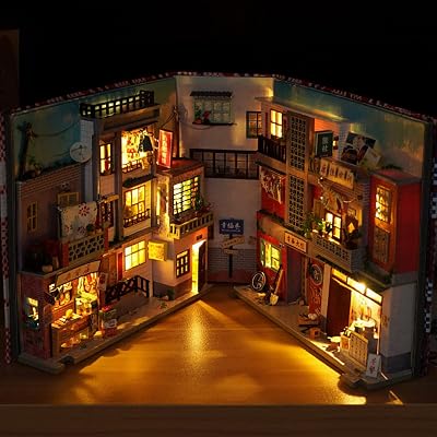 Tzgsonp DIY Book Nook Kit, 3D Wooden Decorative Bookend, LED Glowing Dollhouse Creative Alley Nook, Bookshelf Insert Bookend for Birthday Gift Home Desk Decor (Old Times Lane)