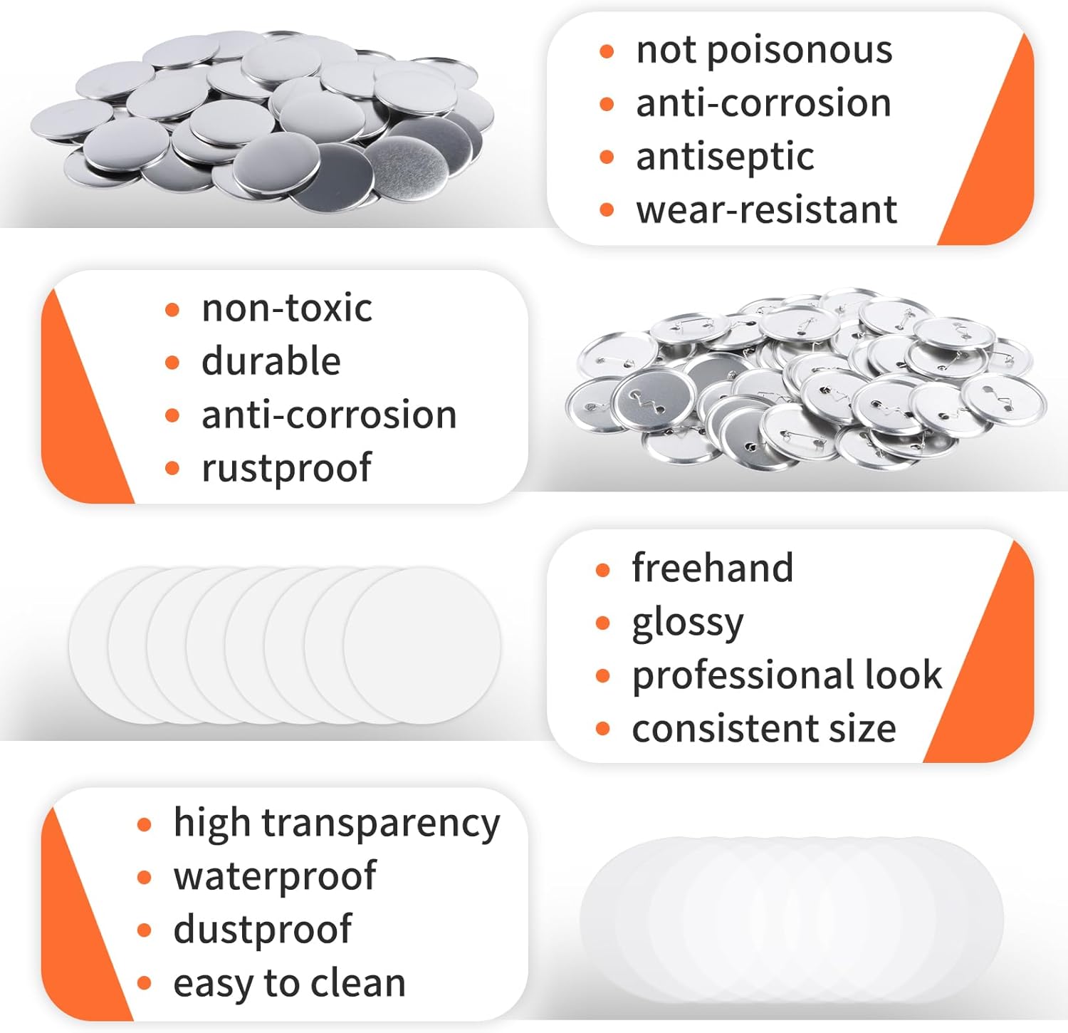 200 Sets Metal Round Button Supplies Button Making Parts, 58mm/2.25 inch Pin Maker Parts Badge Supplies for Button Maker, Including Metal Shells Metal Back Cover Clear Film and Paper