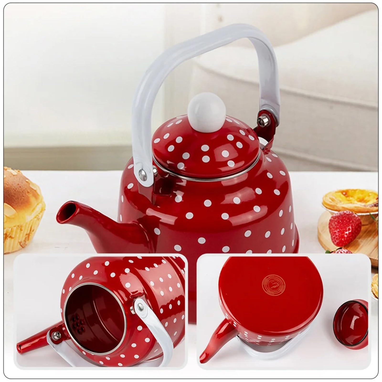 Red White Polka Dot Enamel Tea Kettle - 3.7 Quart Vintage Style Enamelware Serving Kettle