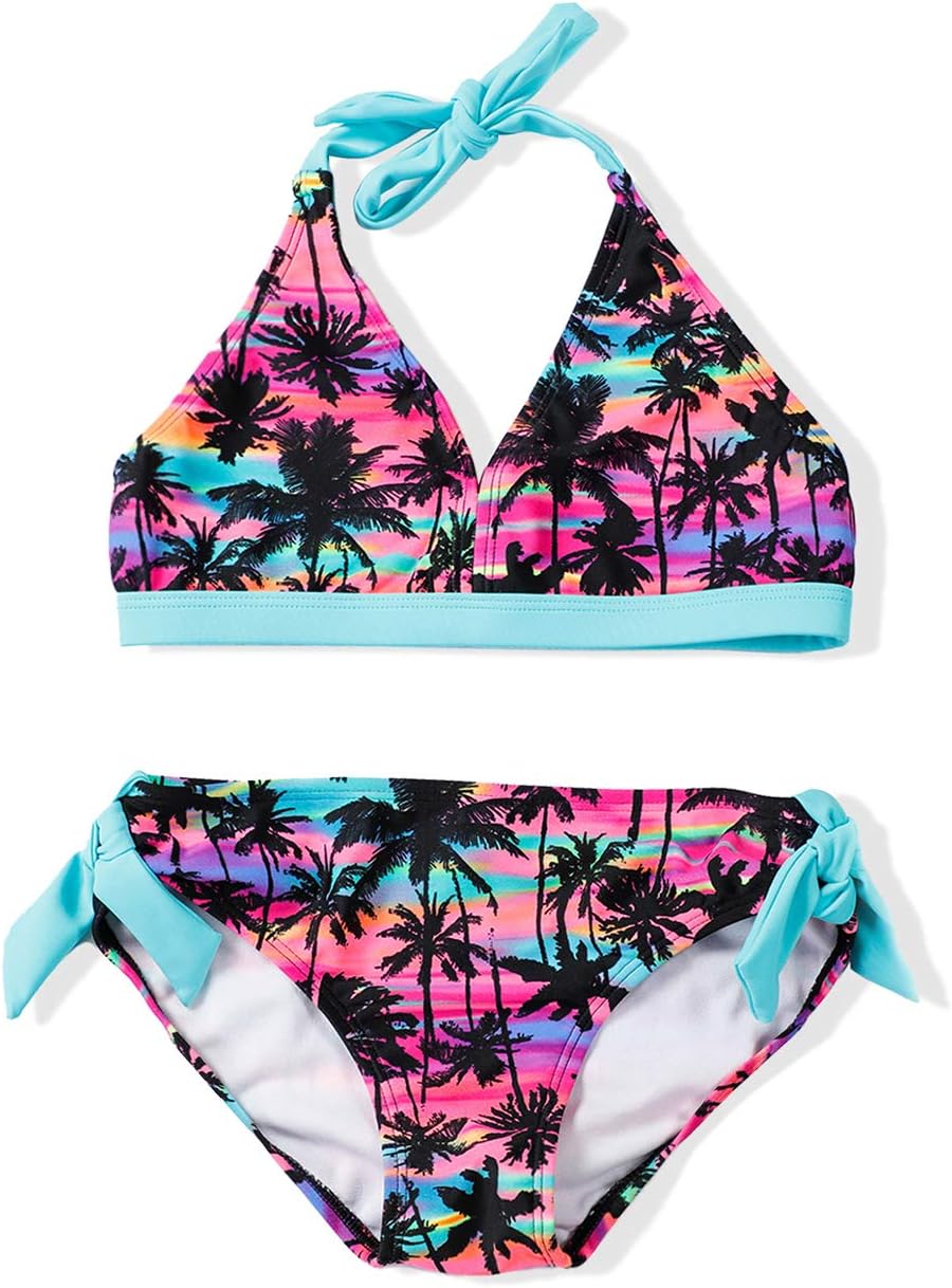 LEINASEN Hawaii Style Coconut Tree Printed Halter Strap Two Piece Bikini Set for Girls