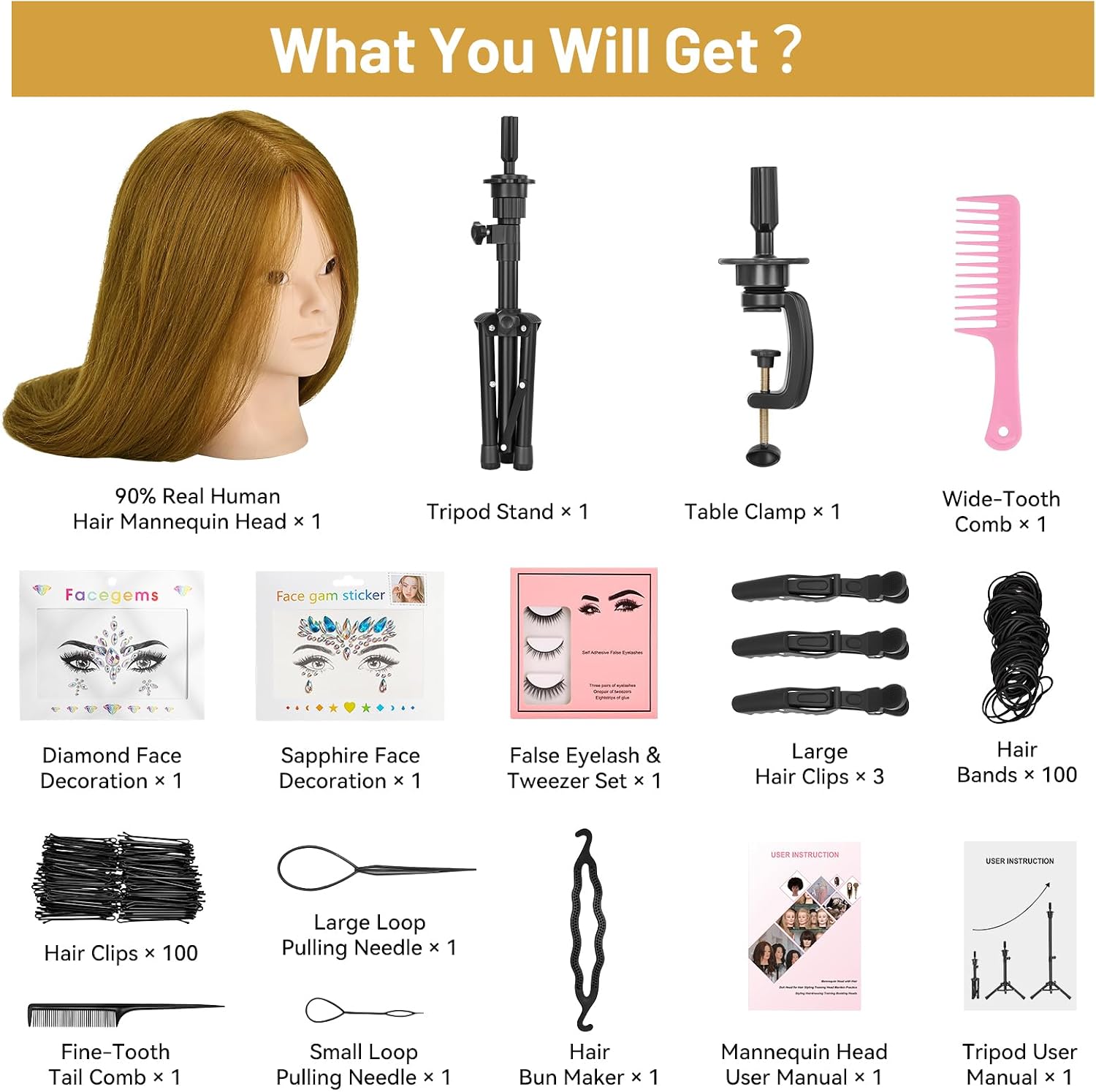 Mannequin Head Human Hair, 90% Human Hair with Tripod Stand, 23" Makeup Mannequin Cosmetology Manikin Practice Doll Head with Stand, Face Gems, Braiding Hairdressing Head for Hair Styling with Table Clamp + DIY Hair Styling Set