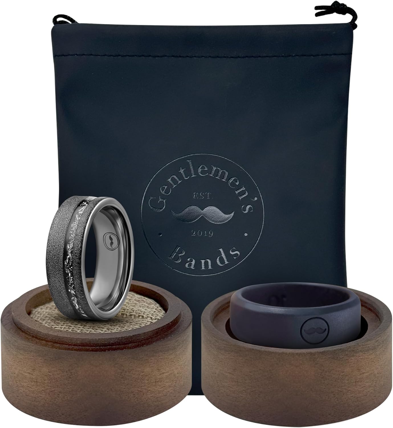 Gentlemen's Bands Black Tungsten Men's Wedding Band with Sandblasted Finish & Meteorite Inlay-8mm | Engagement/Wedding Ring for Men | Includes Black Silicone Band, Leather Pouch & Luxury Walnut Box