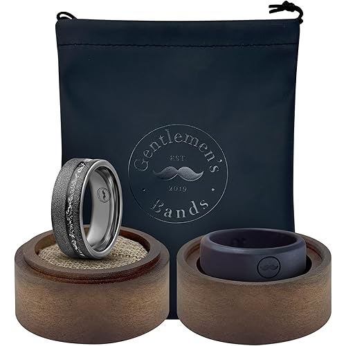 Gentlemen's Bands Black Tungsten Men's Wedding Band with Sandblasted Finish & Meteorite Inlay-8mm | Engagement/Wedding Ring for Men | Includes Black Silicone Band, Leather Pouch & Luxury Walnut Box